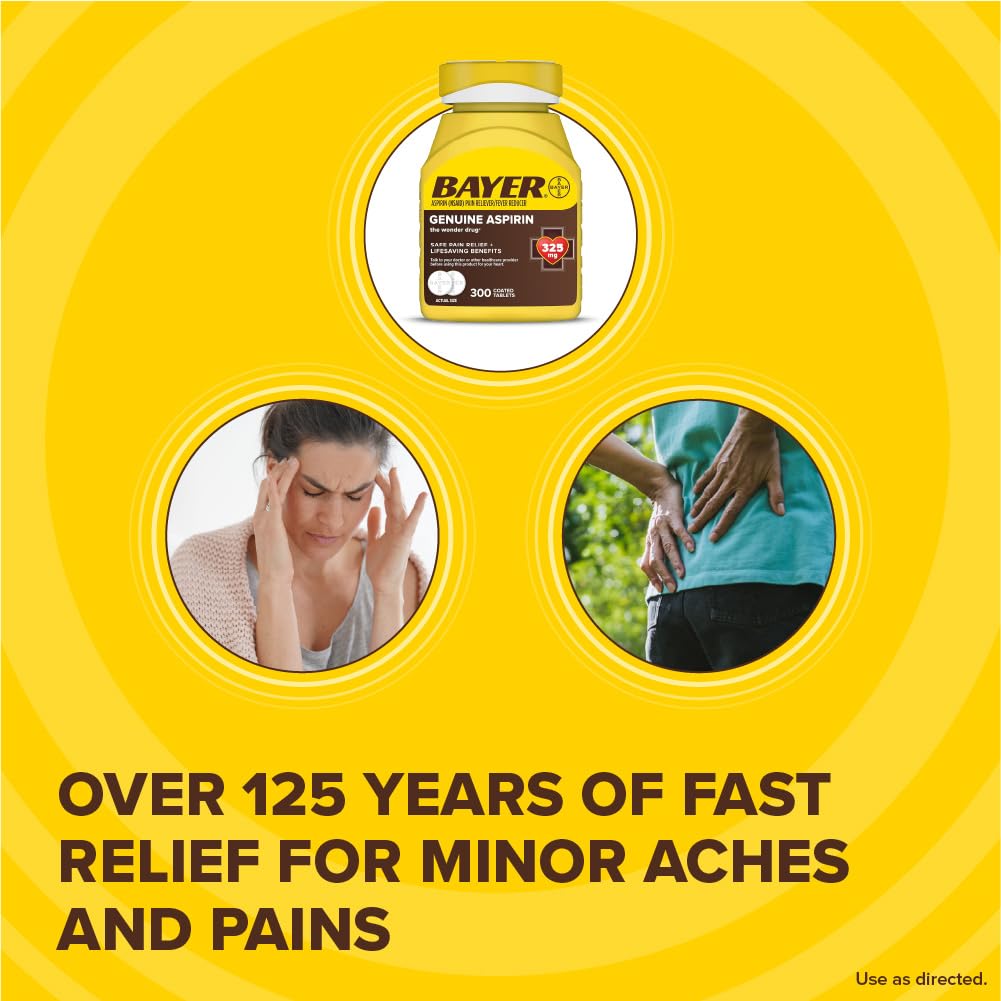 Bayer Genuine Aspirin 325 mg, Coated Tablets for Headache Relief, Multi-Symptom Pain Reliever and Fever Reducer, Pain Relief Tablets for Tooth and Muscle Pain, Backache, 300 Ct