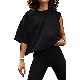Women's Oversize Workout Crop Tops Casual Short Sleeve Drop Shoulder Boxy T-Shirts Roll Hem Basic Loose Yoga Running Tees
