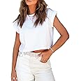 Tankaneo Womens Short Sleeve Cropped T-Shirts Summer Rolled Dolman Sleeve Crop Tops Casual Round Neck Solid Short Basic Tees