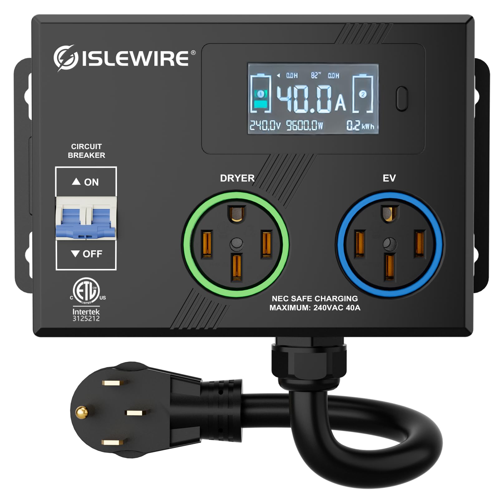 Photo 1 of Smart NEMA Socket Splitter 240V for EVs, Auto Power Switch for Level 2 Dual Electric Vehicle (EV) Charging, 3-Color LED Ring, 3.4" LCD Display, No Rewiring Needed, ETL Certified (40 Amp, NEMA 14-50)