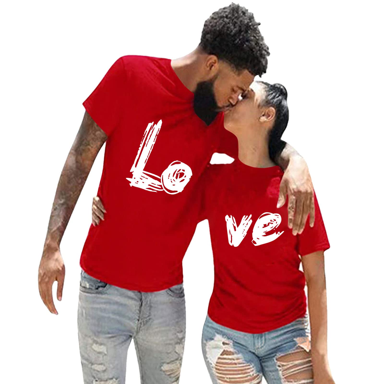 Generic Couples Matching Shirts, Red V-Neck Graphic