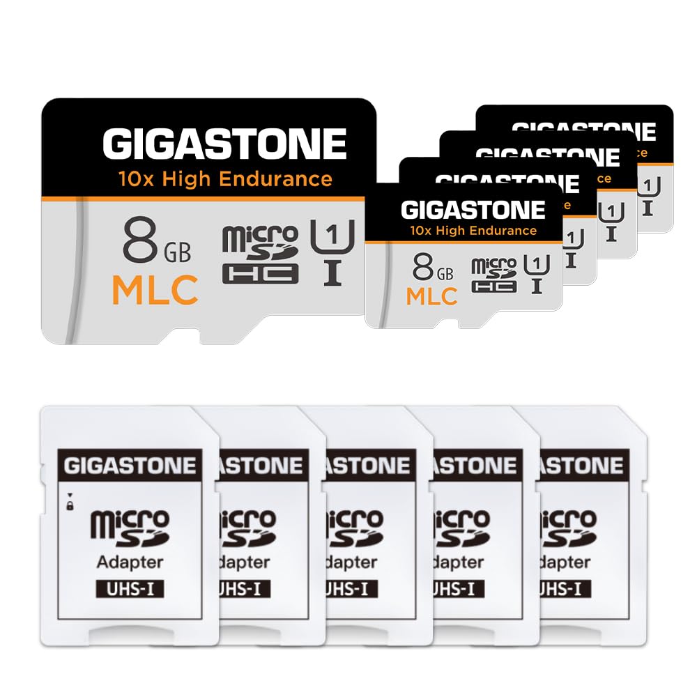 [10x High Endurance] GIGASTONE Industrial 8GB 5-Pack MLC Micro SD Card, Full HD Video Recording, Security Cam, Dash Cam, Surveillance Compatible 85MB/s, U1 C10, with Adapter [5-Yrs Free Data Recovery]