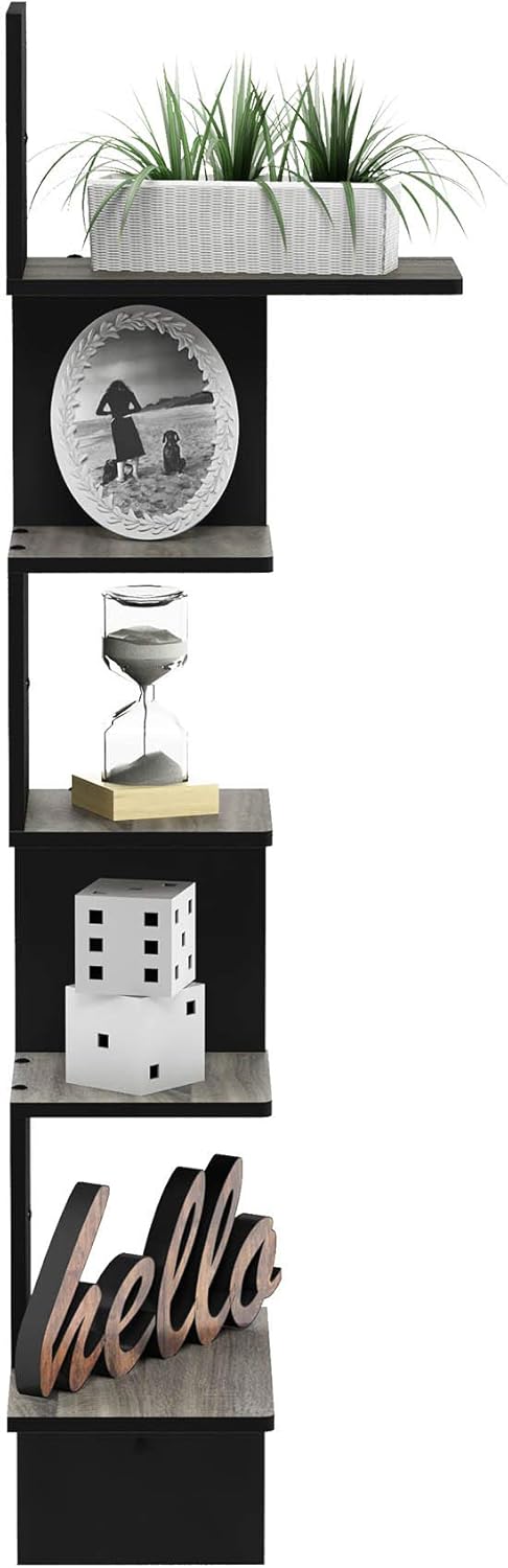 Furinno Rossi Wall Mounted Shelves, 5-Tier Rectangle, French Oak Grey/Black: Furniture & Decor