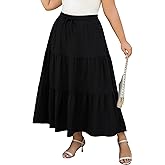 Younrui Women's Plus Size Long Maxi Skirt 1x-4x Elastic Waist Tie Drawstring Crinkle Flowy A-line Skirts with Pockets
