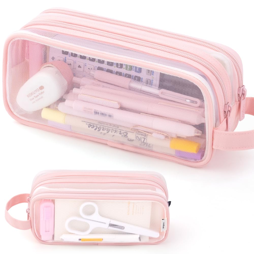 Photo 1 of ANGOOBABY Large Grid Mesh Pencil Case 2 Compartment Pen Bag Clear Handheld Multifunction Pencil Pouch Transparent Makeup Bag for Teen Student College Business Travel Office Adult - Pink