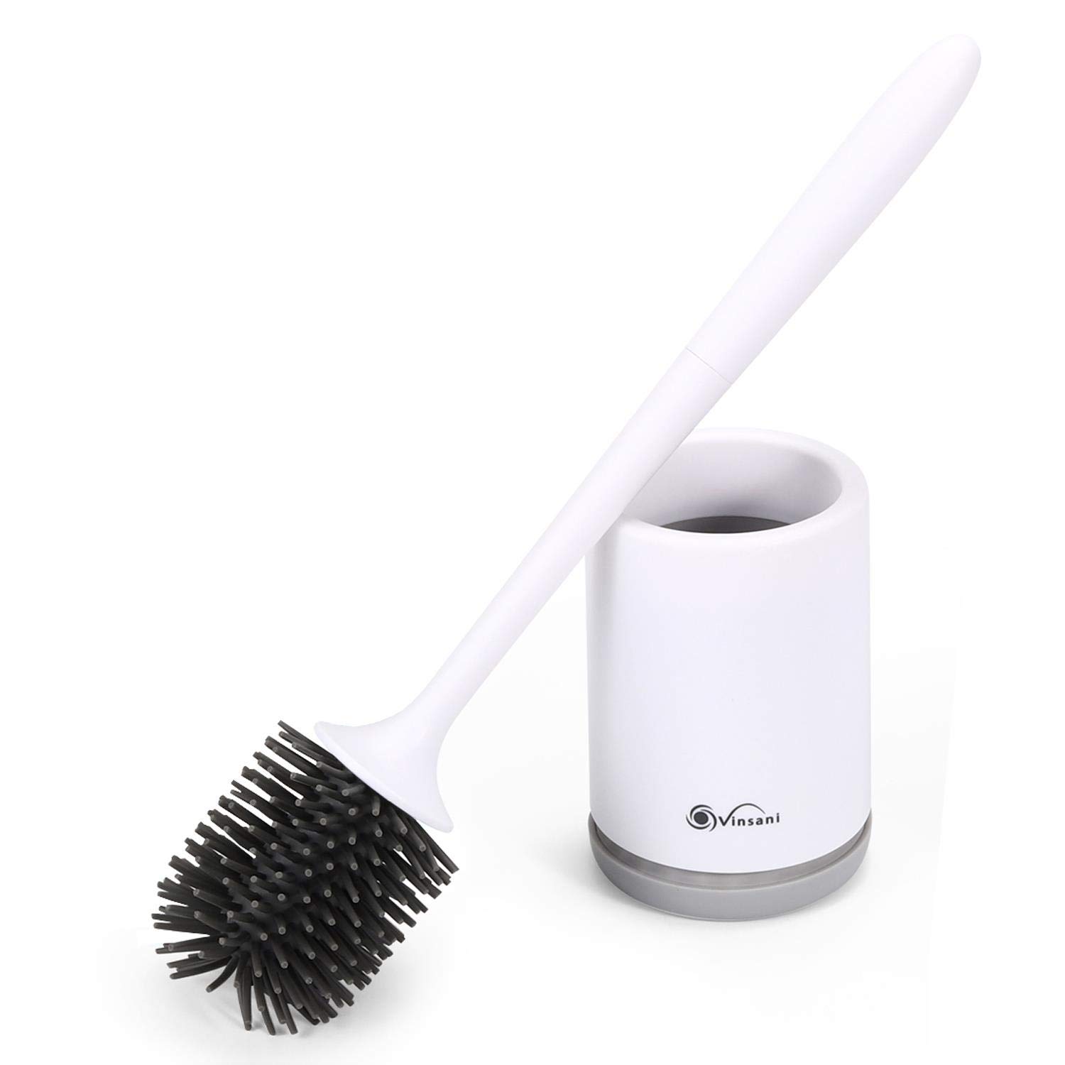 Vinsani Toilet Brush with Handle & Holder Set - Non-Slip Plastic handle with Deep Cleaner Flexible Rubber Bristles and Quick Dry Holder, Grey, 1 Pack