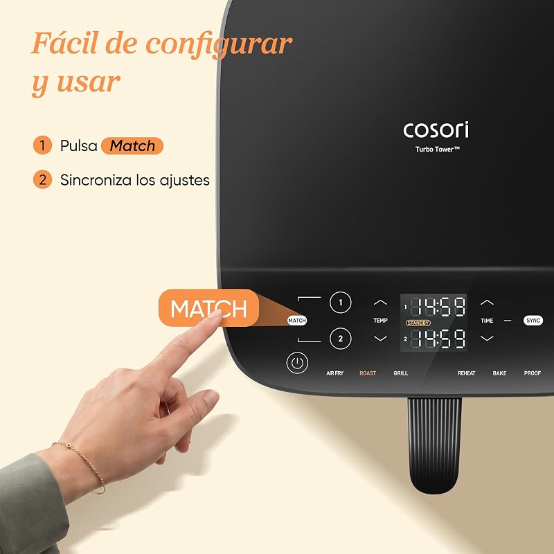 Fritadeira Cosori Turbo Tower 10.8L, Cesta Dupla True Inox, economia de espaço, alta potência de 2630W e mais rápida, 6 funções, refeições sempre equilibradas, cozimento ilimitado, fácil de limpar