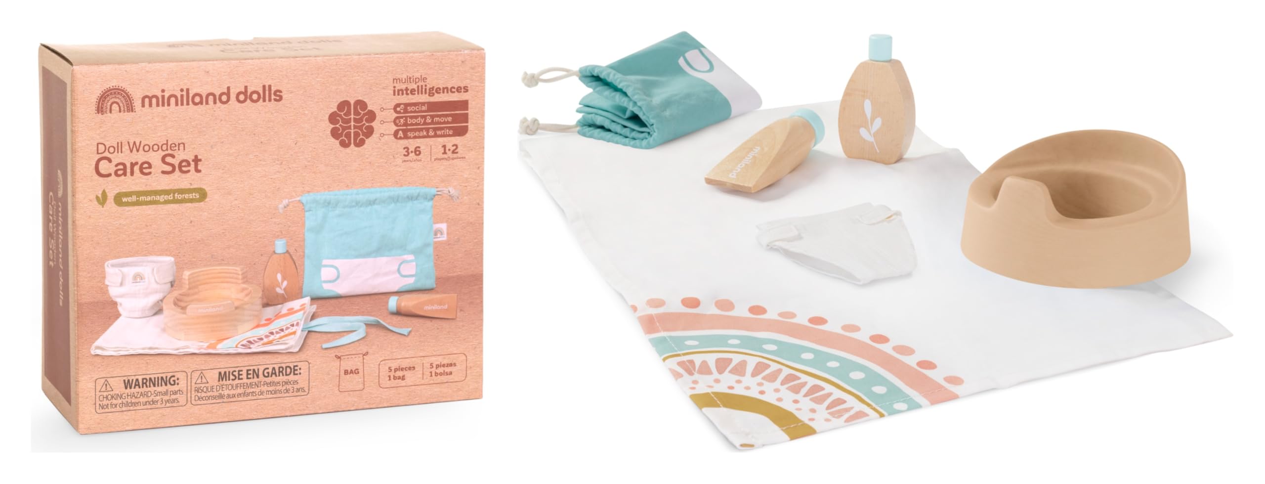 Miniland Doll - Wooden Care Set accessory for Dolls play, made with ECO materials for children Imaginative devolpment