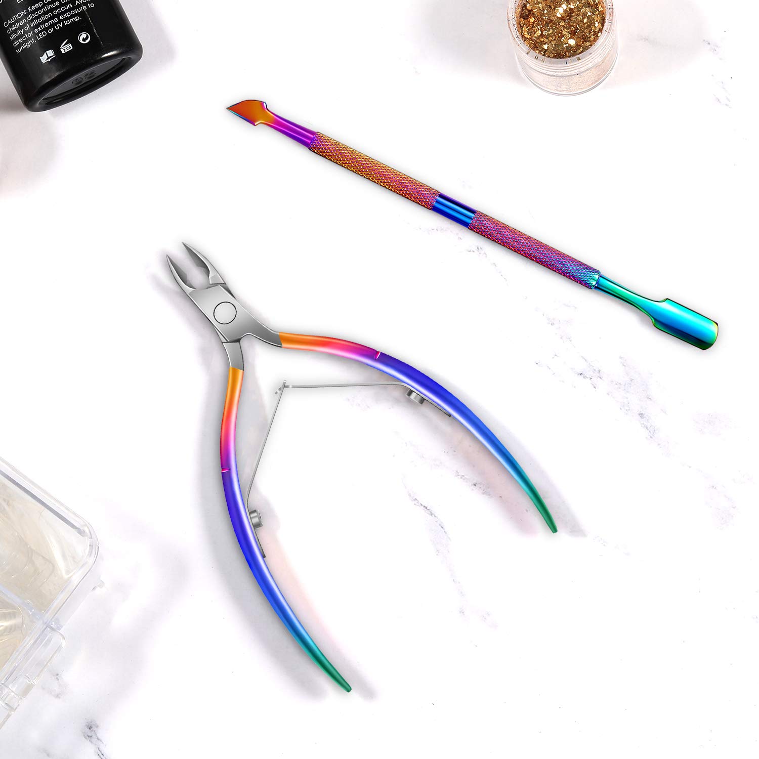 Cuticle Trimmer with Cuticle Pusher, Easkep Cuticle Remover Cuticle Nipper Professional Stainless Steel Cuticle Cutter Clipper Durable Pedicure Manicure Tools for Fingernails and Toenails (Rainbow): Beauty
