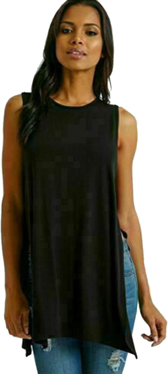 Womens Ladies Casual Double Side Split Vest Tunic Top Sleeveless T