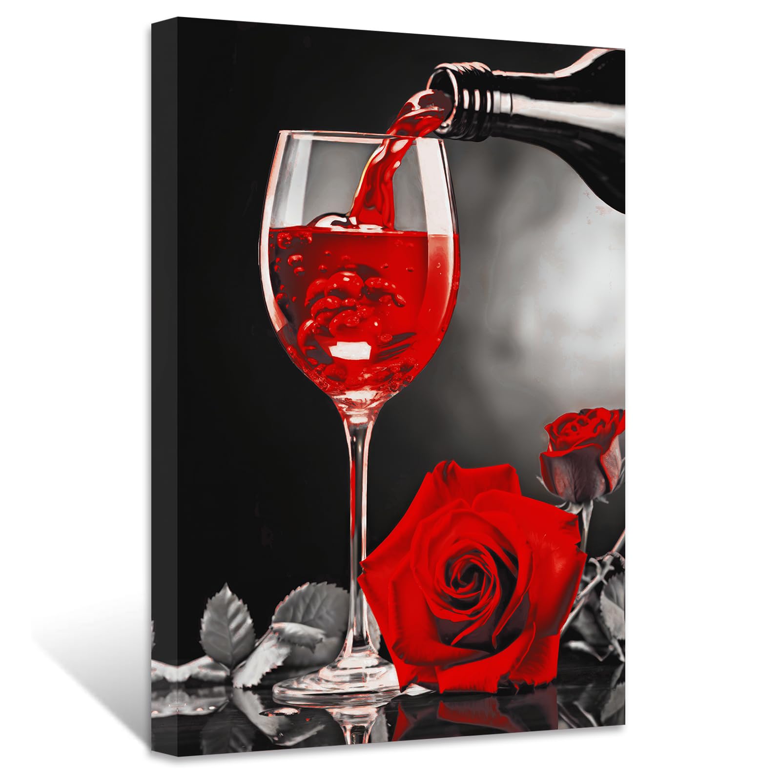 ZXHYWYM Red Wine Wall Decor Kitchen Canvas Picture Black White and Red Wine Glass Rose Painting Prints Modern Abstract Artwork for Restaurant Dining Room Bar Decor(Picture-1, (12.00" x 18.00"))