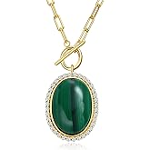 AIBAO Large Oval Turquoise/Coral/Malachite Halo Necklaces for Women 10-12 Carat Natural Gemstone Necklace Rhodium Plated Sterling Silver Statement Necklace with Toggle Clasp