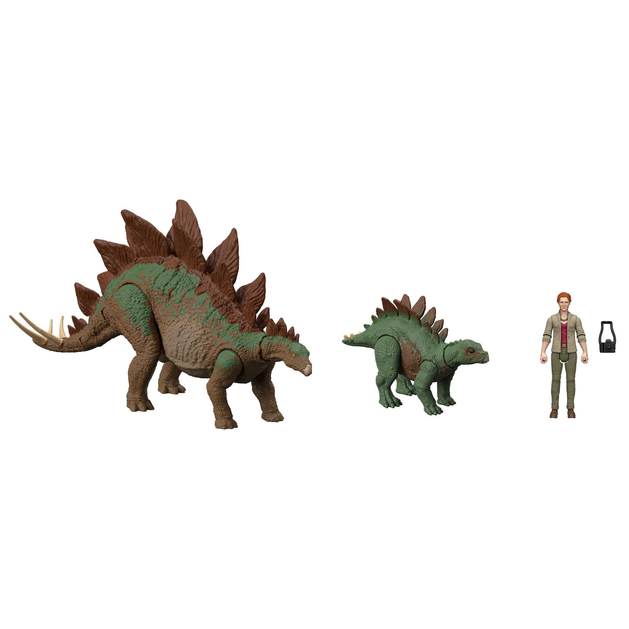 HHK91 Jurassic World: A New Age Legacy Collection Dr Sarah Harding with Large and Small Stegosaurus Dinosaur, Authentic and Articulated Figures, 9.5 cm, Age 4+