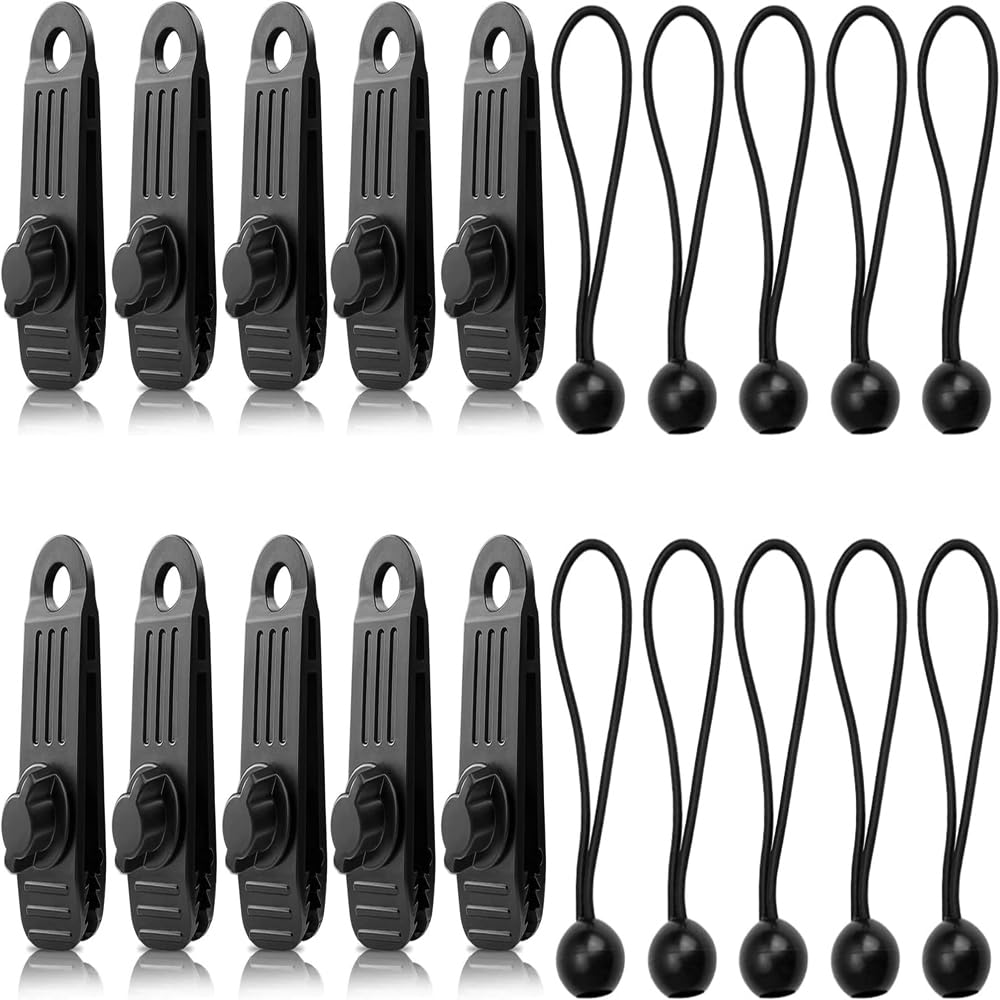 Quixotical Set of 10 Heavy Duty Tarp Clips with Bungee Cords, Tarpaulin Clips & Awning Clips for Tents, Tarps, Covers, Banners, Canopies, Camping, Black