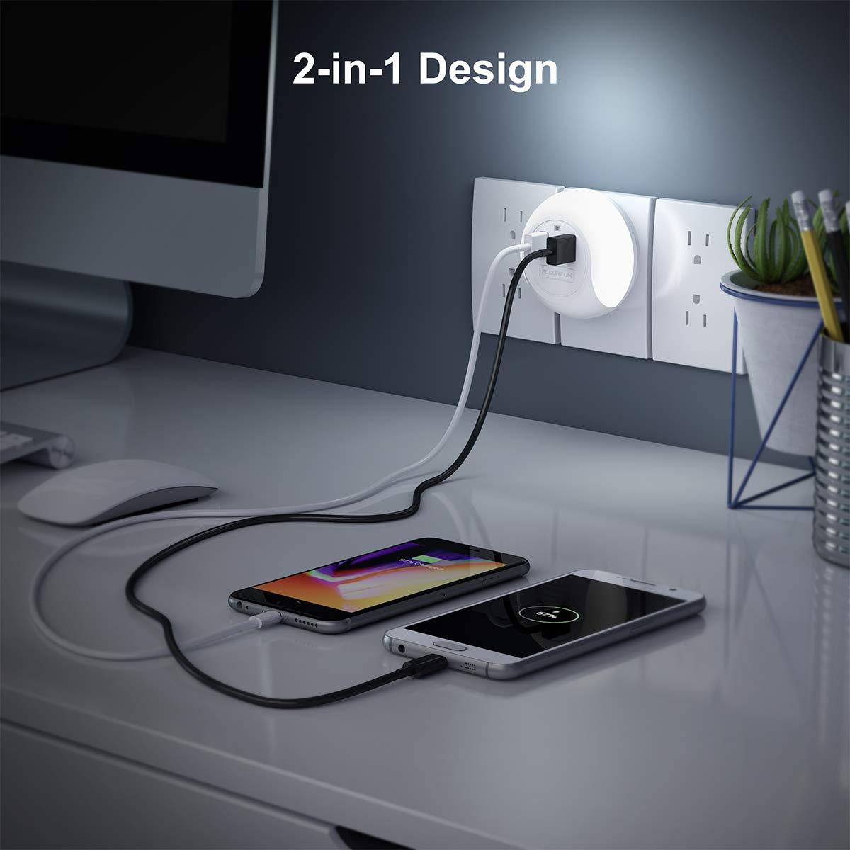 Floureon KF-8910 Led Night Light USB Charger Dusk to Dawn Sensor Dual USB Wall Plate Phone Charger (2 Pack)
