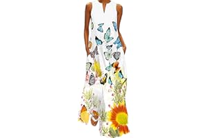 MAMIDAY Women's Fashion Maxi Dresses Floral Loose Flowy Dress Printed V Neck Sleeveless Casual Vacation Sundress with Pockets