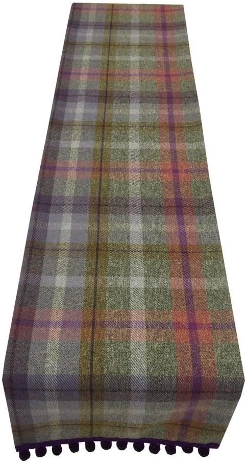 Table runner POM POM trim Tartan, Check interior design Fabric Heather Purple Lilac Sage Green fully lined Faux Wool Made by Janelle Design Table/bed/wedding runner sofa throw ideal for Birthday party's Christenings summer garden party's (60")
