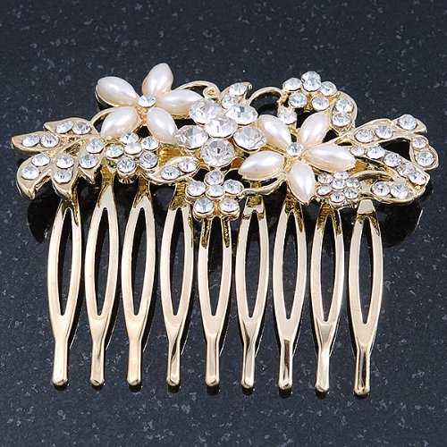 Bridal/ Wedding/ Prom/ Party Gold Plated Clear Crystal and Light Cream Simulated Pearl Floral Hair Comb - 50mm