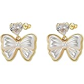 HETICA Gold Bow Earrings for Women, Heart Shaped Cubic Zirconia Stud Drop Bow Earrings Cute Sparkly Jewelry Gifts for Women