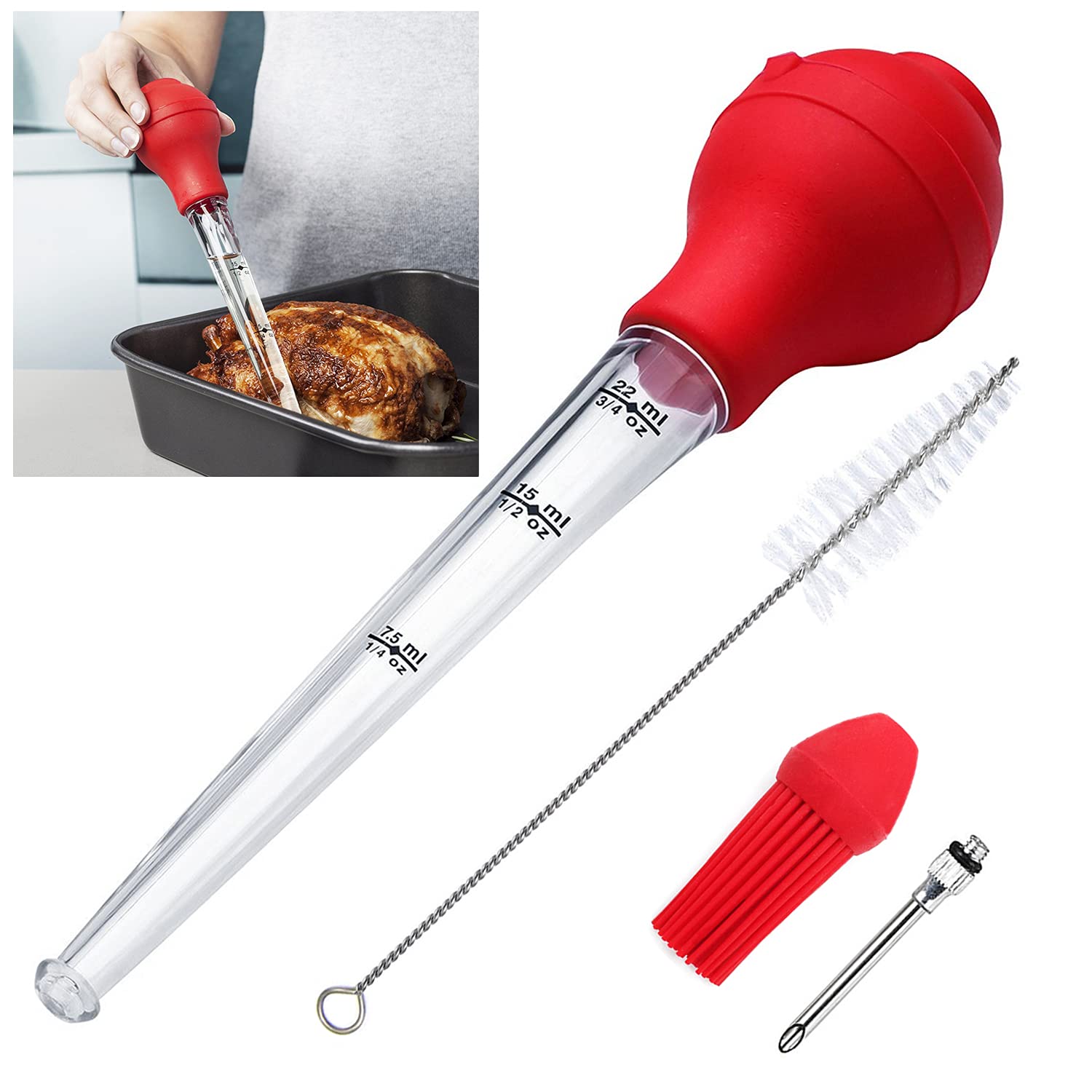 KAYCROWN Turkey Baster Set of 4, Commercial Grade Quality FDA Silicone Bulb Including Meat Marinade Injector Needle with Barbecue Basting Brush and Cleaning Brush for Easy Clean Up