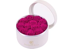 Eterfield 12 Preserved Rose in a Box Real Roses That Last a Year Preserved Flowers for Delivery Prime Gift for Her Valentines Day Mother Day (Hot Pink Roses, Round White PU Leather Box)