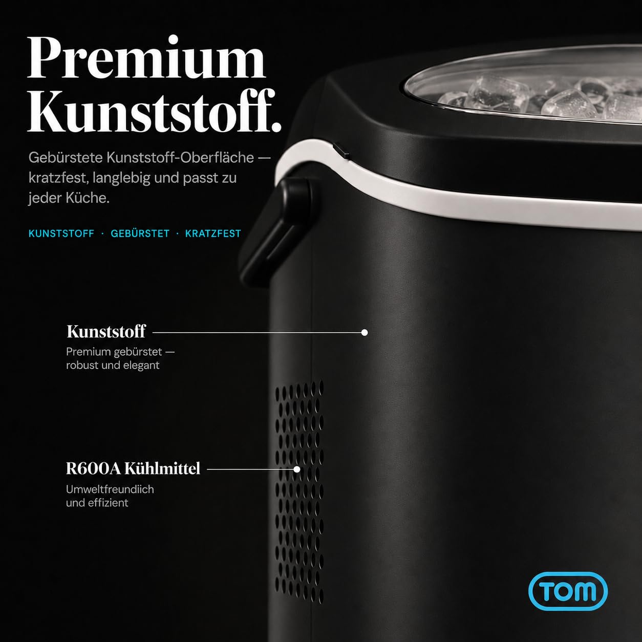TOM Eiswürfelmaschine – 9 Eiswürfel in 6-8 min – 12 kg/24 h – 2 Würfelgrößen – Ice maker Eiswürfelmacher mit 1,3 l Wassertank – LED-Display – Inkl. Zubehör & Eiszange als Geschenk – Eiswürfelmaschine 4