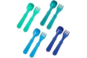 Re-Play Toddler Forks and Spoons Set - 4x4 Utensils Set for Kids - Dishwasher and Microwave Safe - Made in USA - Set of 8-5.8" x 1.2" x 0.2" - A True Blue