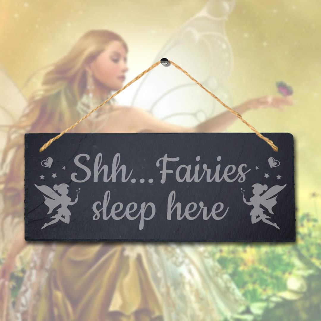 Stukk Meeting Place Hanging Sign Gift Garden Home Outdoor (Shhh Fairies Sleep Here), Natural Engraved Slate Stone Plaque, 30x12cm (Large)