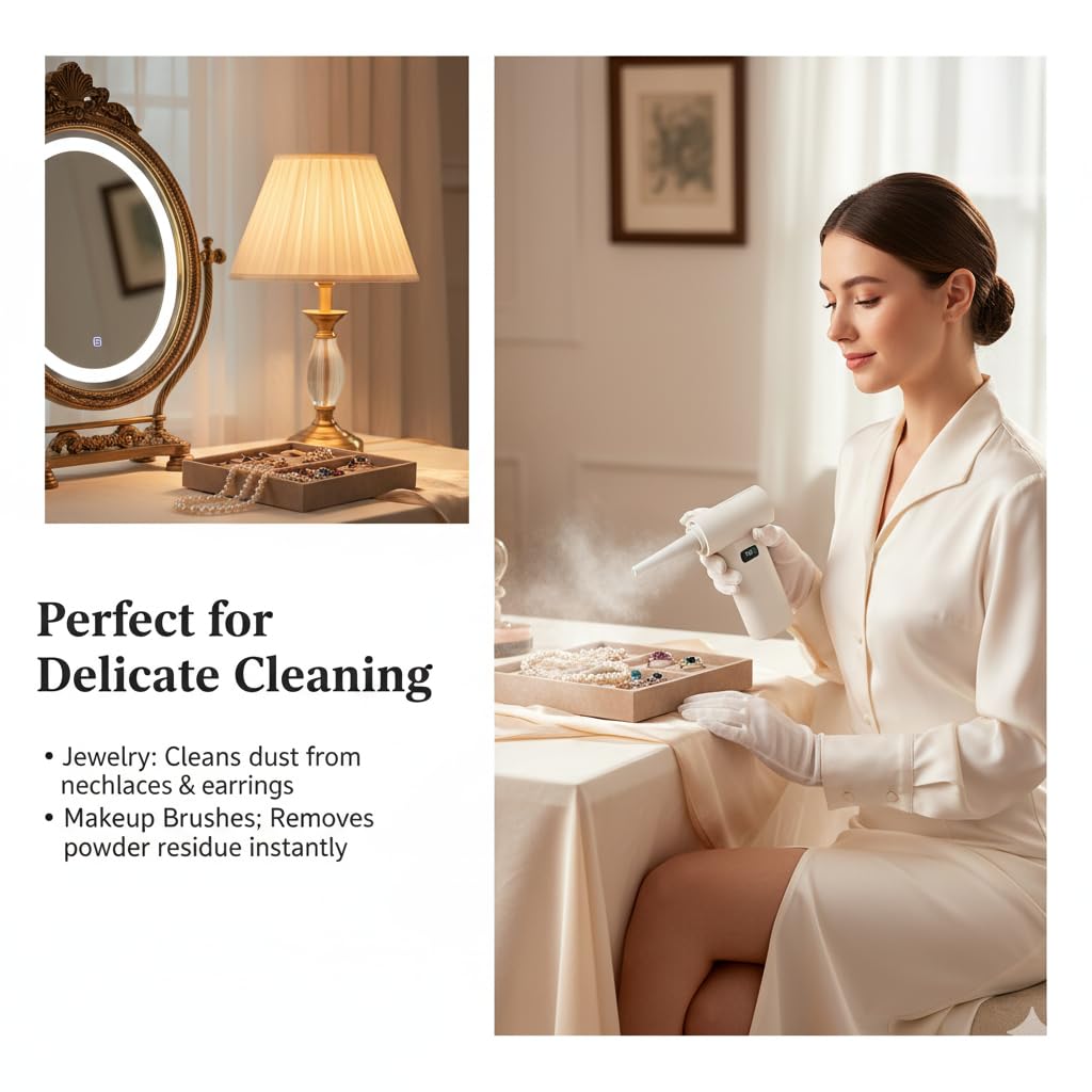 Portable Powerful Handheld Fan, 80,000 RPM High-Speed Turbo Personal Fan, 6 Gear Wind, 5000mAh Rechargeable Battery with LED Light & Multi-Function Dust Kit for Car Cleaning /Travel /Camping /Makeup