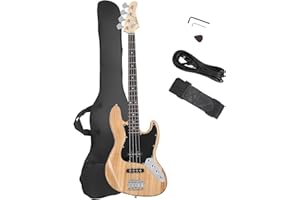 GLARRY 4 String GJazz Electric Bass Guitar Full Size Right Handed with Guitar Bag, Amp Cord and Beginner Kits (Burly Wood)