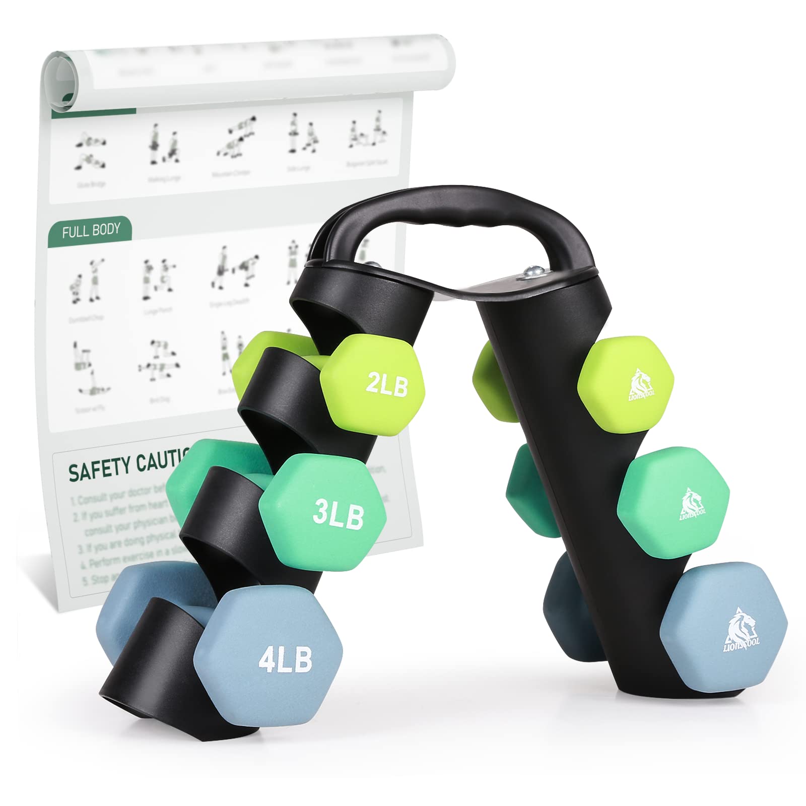 Photo 1 of LIONSCOOL 2LB 3LB 4LB Pair Neoprene Coated Dumbbell Set with Sturdy and Portable Rack, All Purpose Premium Hex Dumbbell Set (Daylight Prairie)