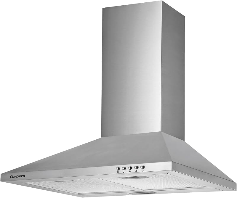 Corberó - Extractor de Pirâmide 60 cm | TEIDE636X |375,4 m3/h | 57db | 36,5 W | 3 velocidades | Controlo por botão de pressão | 2 filtros de alumínio + filtro de carvão | Aço inoxidável