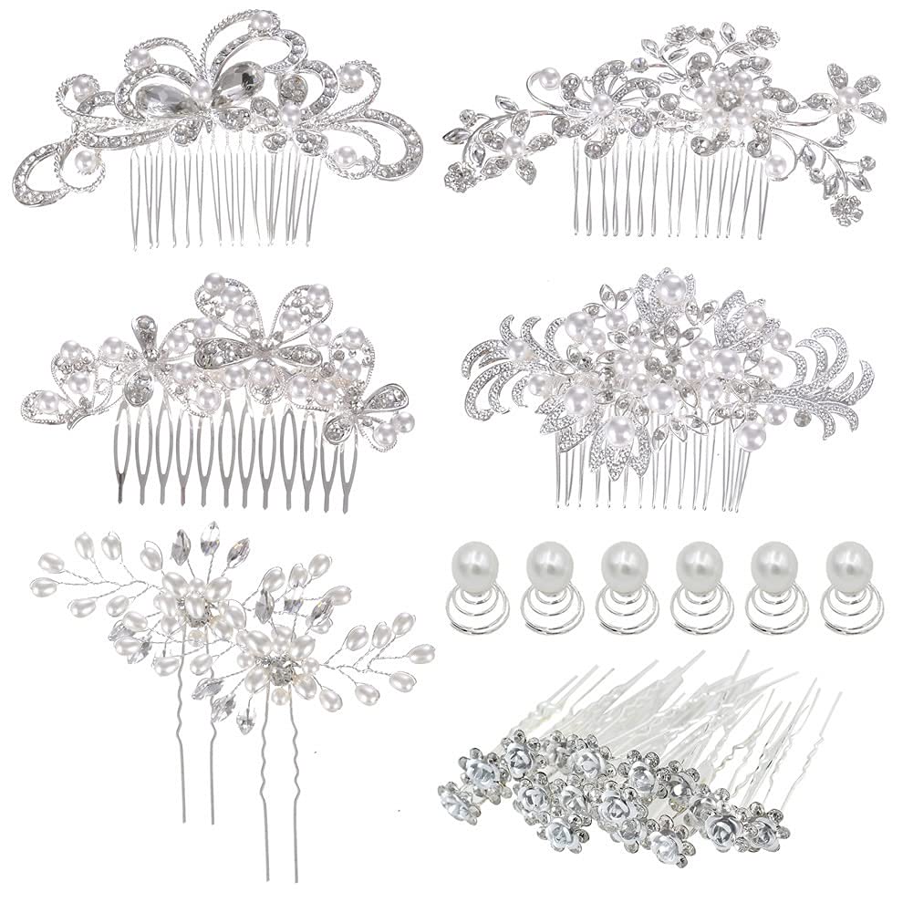 inSowni 32 Pack Silver Wedding Hair Side Combs Slides+U-shaped & Twist Spiral Bridal Hair Pins Headpieces Clips Barrettes Rhinestones Pearls Hair Accessories for Women Girls Brides Bridesmaids