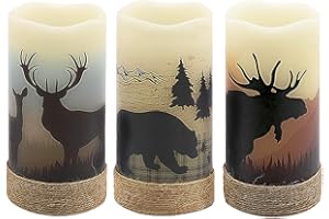 GenSwin Flameless Flickering Led Candles with Hemp Rope and 6H Timer, Battery Operated Set of 3 Real Wax Pillar Rustic Candles Warm Light with Deer, Moose, Bear Decals Decor Christmas Home(D3 x H6)