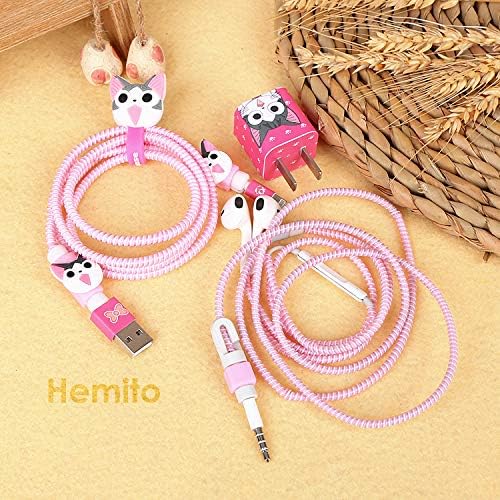 Hemito 6 in 1 Mobile Phone Accessories Protection kit - Spiral Cable Protector for iPhone/Android + Cartoon Protector Clips for Data Cable & Earphone (Pink Cat WP)