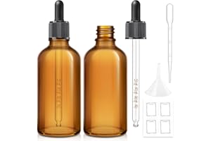 Bumobum 2 Pack, 100ml Dark Amber Dropper Bottle with Measured Dropper - 3.4 oz Brown Glass Tincture Bottles with 1 Funnel & 1 Pipette & 4 Labels, Leakproof Eye Dropper for Oils, Liquids