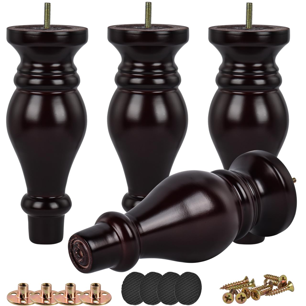 Btowin 7 Inch / 18cm Solid Wood Furniture Legs, 4Pcs Mid-Century Modern Walnut Turned Wooden Bun Feet with Threaded M8 Hanger Bolts & Mounting Plate & Screws for Sofa Couch Cabinet Armchair Recliner