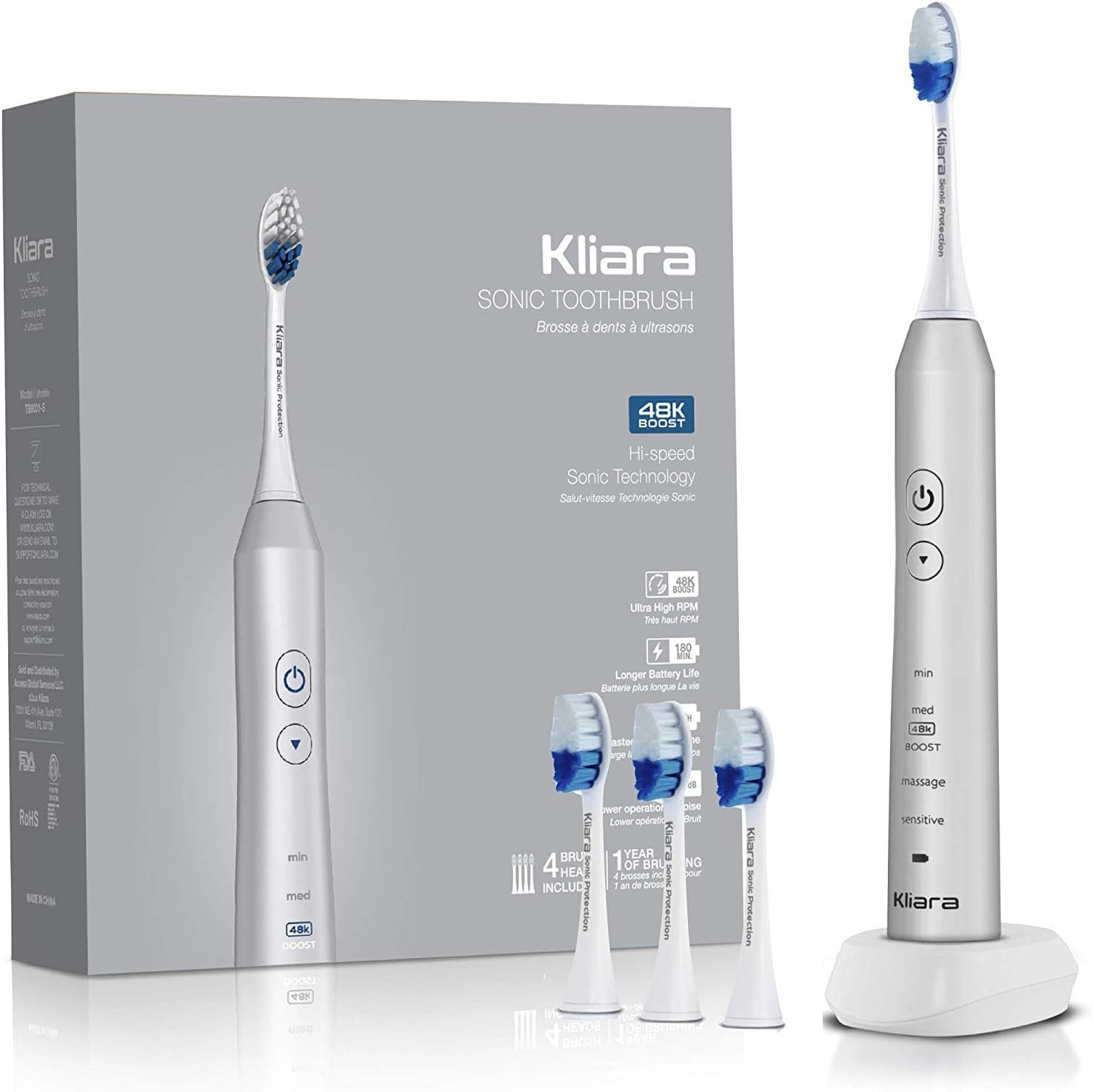 Kliara Electric Toothbrush, Updated Sonic Toothbrush 5 Modes-Ultra High Speed-ipx7 Waterproof-45 Days Battery Life Sonic Toothbrush Smart Reminder and Timer (Silver with BS Plug)