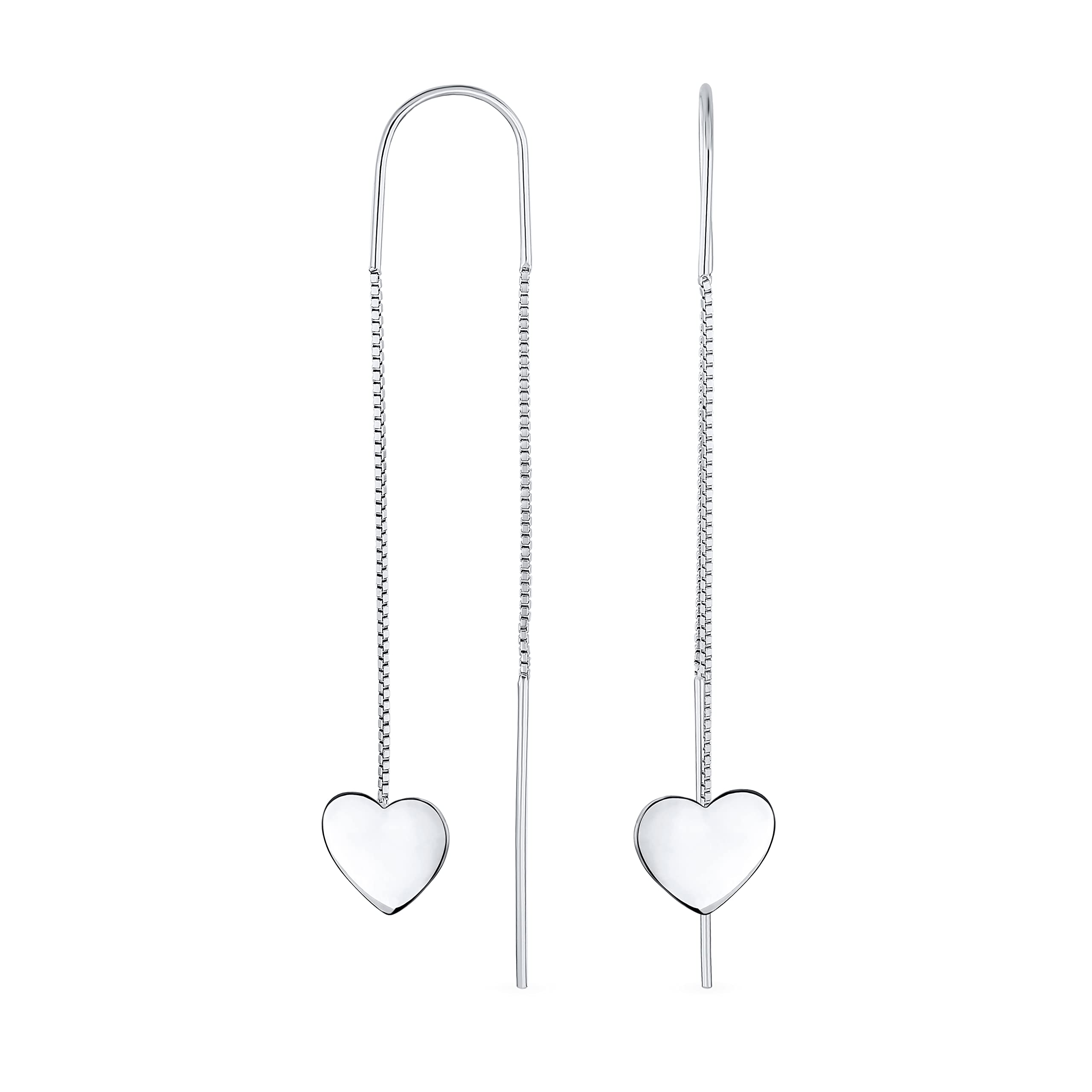 Personalized Initial Alphabet A-Z Simple Lightweight Long Flat Heart Chain Threader Earrings For Women Teen .925 Sterling Silver Stabilizing U Hook