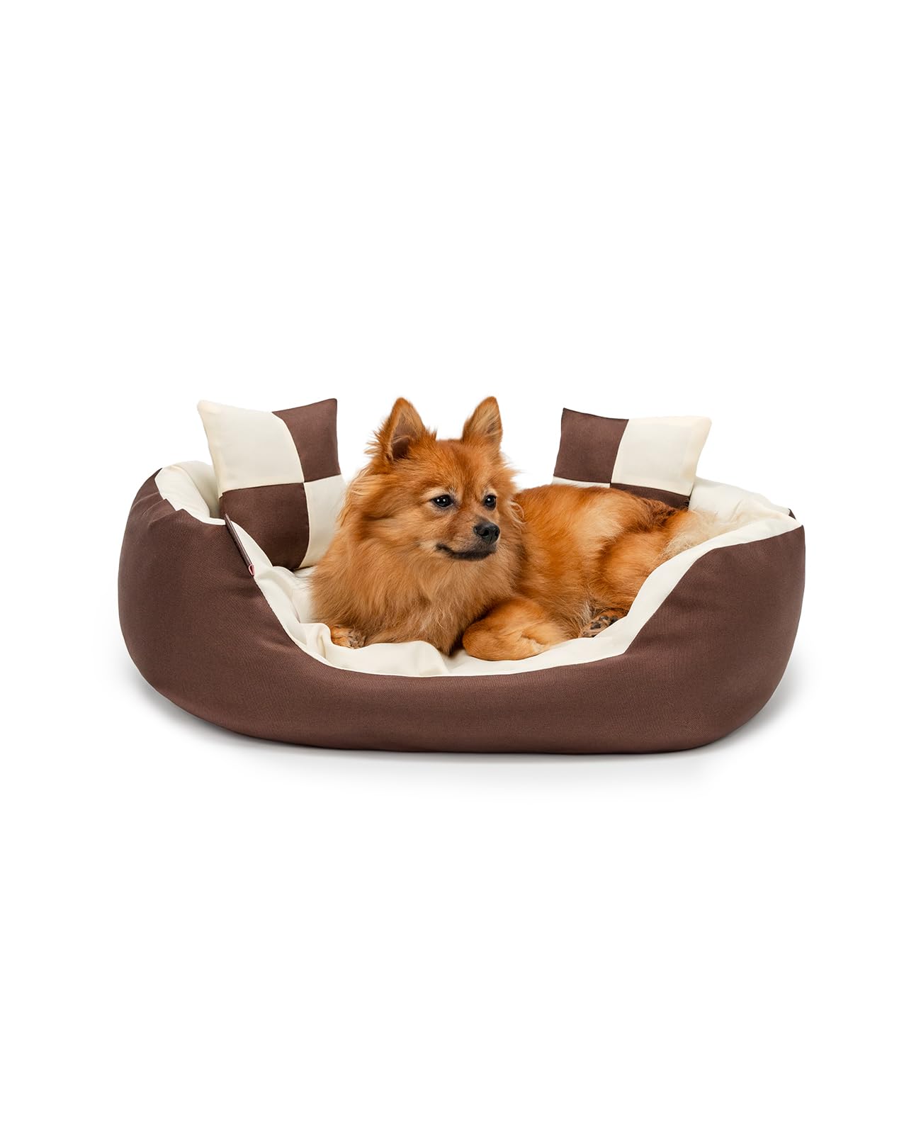 lionto Dog bed 4-in-1 with reversible cushion in Oxford, 65x50 cm, scratch-resistant pet bed with deep entry for cats and dogs, incl. decorative pillow, water-repellent, brown/beige