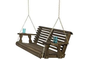 Amish Casual 5 Foot Roll Back Porch Swing with Cup Holders in Dark Walnut Stain - Amish Made in The USA from Treated Pine Heavy Duty 700 Lb. Weight Capacity