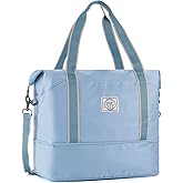 WALNEW Travel Duffel Bag, Weekender Overnight Carry On Bag for Women Men, Foldable Waterproof Gym Luggage with Metal Buckle Detachable Shoulder Strap and Wet Compartment (Light Blue)
