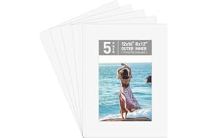 Golden State Art, Pack of 5 Acid Free Bevel Cut 4-Ply Thickness White Core Picture Mats for Photos (White, 12x16 for 8x12 Photo)