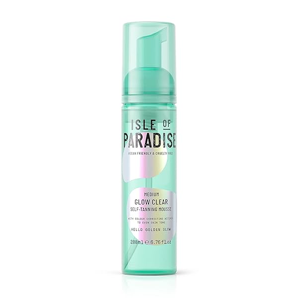 ISLE OF PARADISE GLOW CLEAR SELF-TANNING MOUSSE, MEDIUM (GOLDEN GLOW) – RED CANCELLING AND COLOR CORRECTING TANNING FOAM, VEGAN AND CRUELTY FREE, 6.76 FL OZ