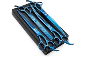 Moontay Professional 8.0" Dog Grooming Scissors Set, 4-pieces Straight, Upward Curved, Downward Curved, Thinning/Blending Shears for Dog, Cat and Pets, JP Stainless Steel, Blue