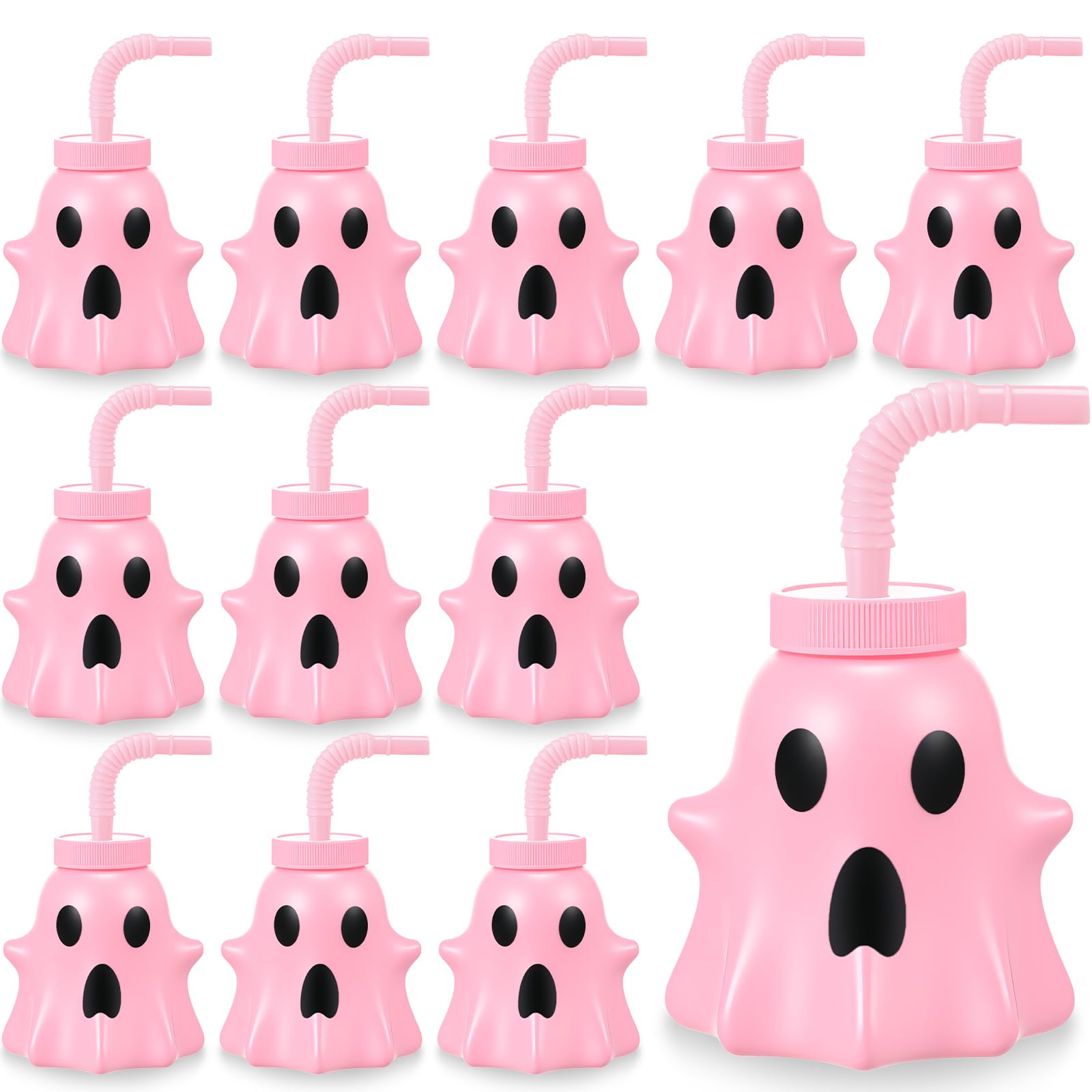 Photo 1 of Umigy 12 Pcs Halloween Party Cups for Kids 10 Oz Ghost Shaped Plastic Cups with Lids and Straws Reusable Halloween Decorations for Gifts Party Favors Supplies