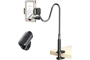 [Case-Friendly] Long Kindle Stand with Ring Page Turner Remote, Gooseneck Tablet Holder for Reading in Bed with Clicker, eRea