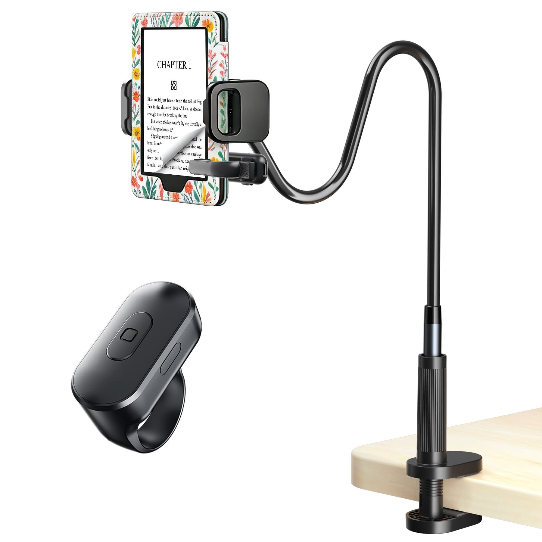 Photo 1 of [Case-Friendly] Long Tablet Stand for Kindle with Page Turner Ring Remote, Gooseneck Holder for Reading in Bed with Clicker, eReader Accessories Gift for Readers Compatible with iPad iPhone Fire HD
