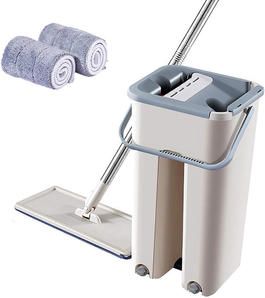 Flat Floor Mop and Bucket Set,Microfiber Mop Set, Flat Squeeze Mop and Bucket Telescopic Rod, for Home Floor Cleaning System,with Stainless-Steel Handle/Washable Microfiber Pads (A)