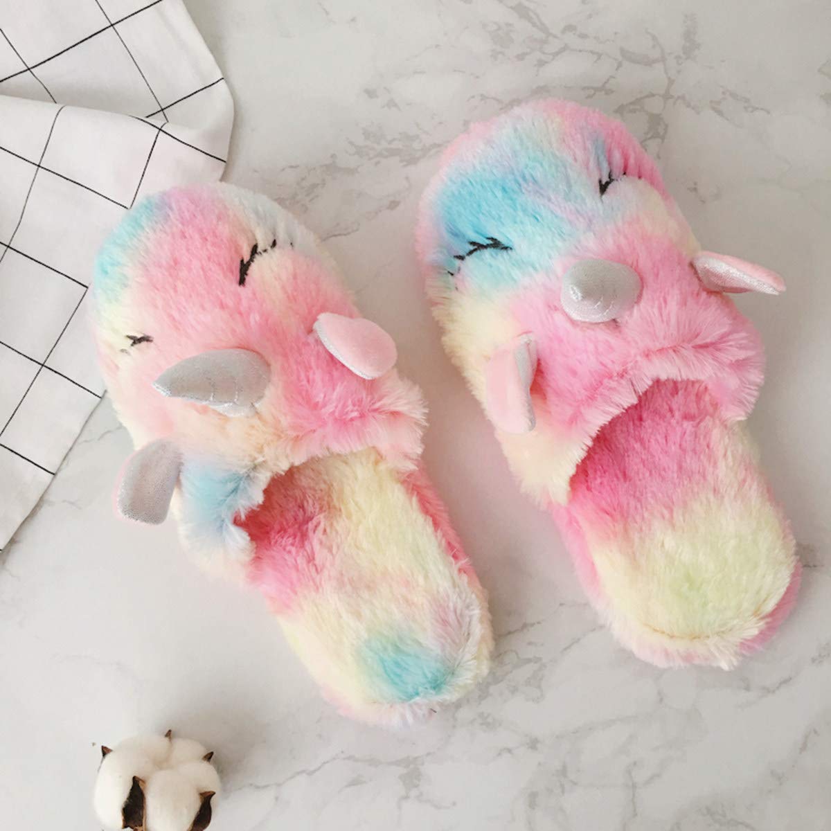 Women\'s Unicorn Slippers Animal Cute Fluffy Indoor Memory Foam Open Back Funny Home